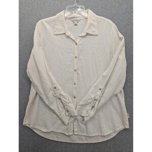 Orvis Shirt Mens Large Ivory Linen Blend Long Sleeve Roll Tab Button Down Casual